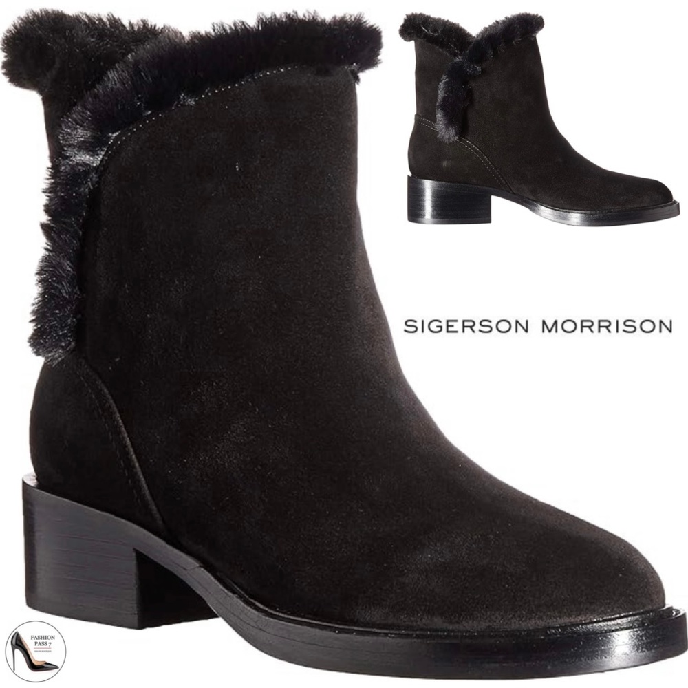 Sigerson Morrison Hatty Black Suede Fur Trim Combat Boots Leather Ankle Booties